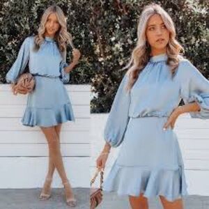 VICI Call Me Angel Textured Satin Dress - Dusty Blue